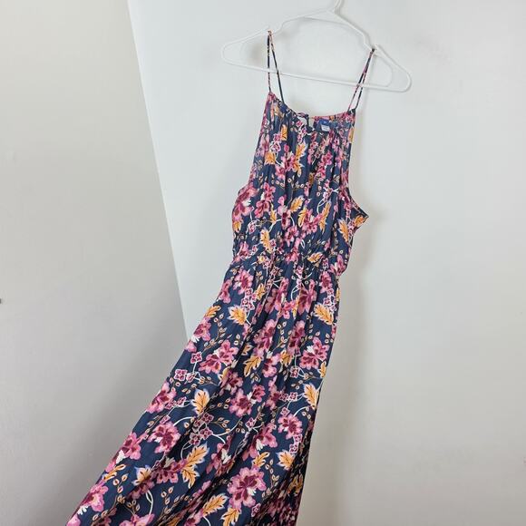 Old Navy Blue Pink Floral Whimsical Waist Defined Halter Satin Midi Dress Sz XS - Picture 2 of 8